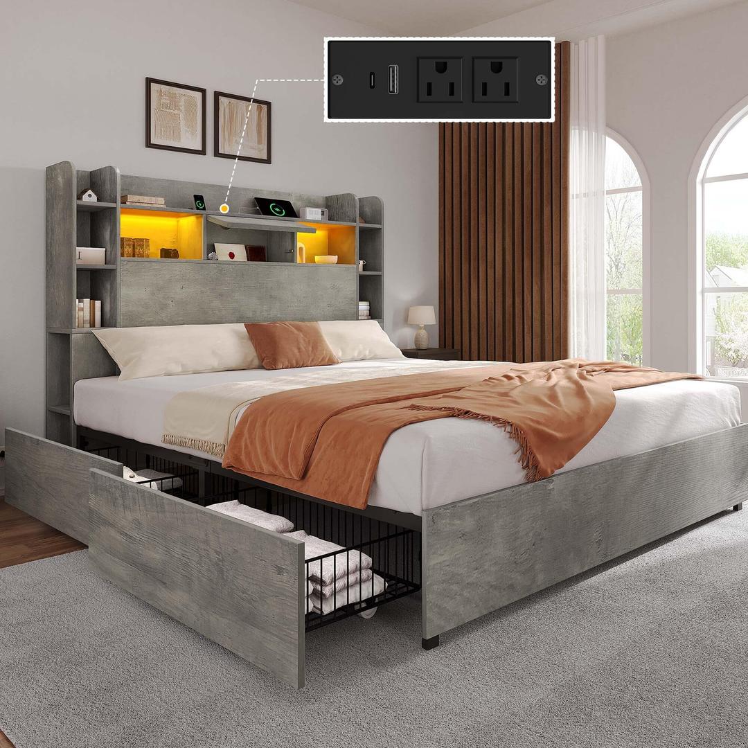 DWVO Queen Size Bed Frame with Bookcase Headboard and 4 Storage Drawers, RGB LED Bed Frame with Type-C & USB Charging Station Storage Headboard Bed, No Box Spring Needed, Noise Free, Antique White