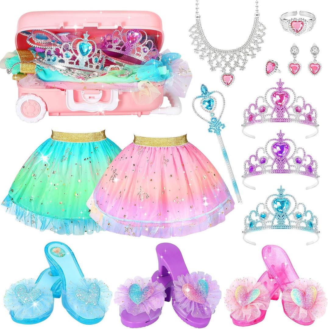 19 Pcs Princess Dress Up Shoes Gift Set, Girls Role Play Dress Up Toys & Costumes Set, Toddler Pretend Jewelry Boutique Kit Gift for Little Girls Aged 3 4 5 6 Years Old