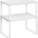 SONGMICS Cabinet Organizer Shelf, Set of 2 Kitchen Counter Shelves, Kitchen Storage, Spice Rack, Stackable, Expandable, Metal and Engineered Wood, Cloud White and Snow White UKCS02W01 (11.7"W)