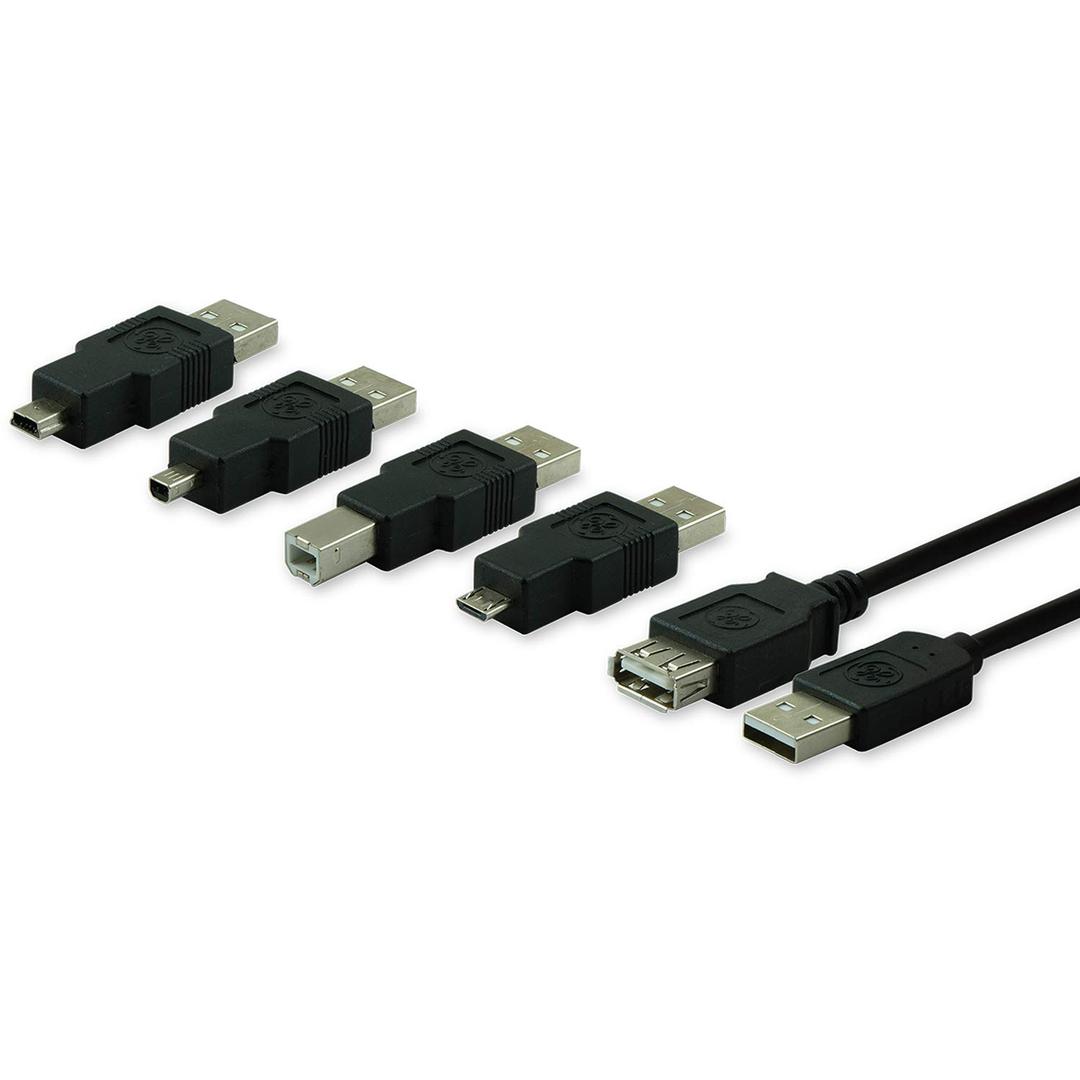 GE Universal USB 2.0 Adapter Kit, 6ft. A Male to A Female Extension Cable, 4 Adapters Included: A Male to B Male, 4 Pin, 5 Pin, A Male to Micro USB, 33758