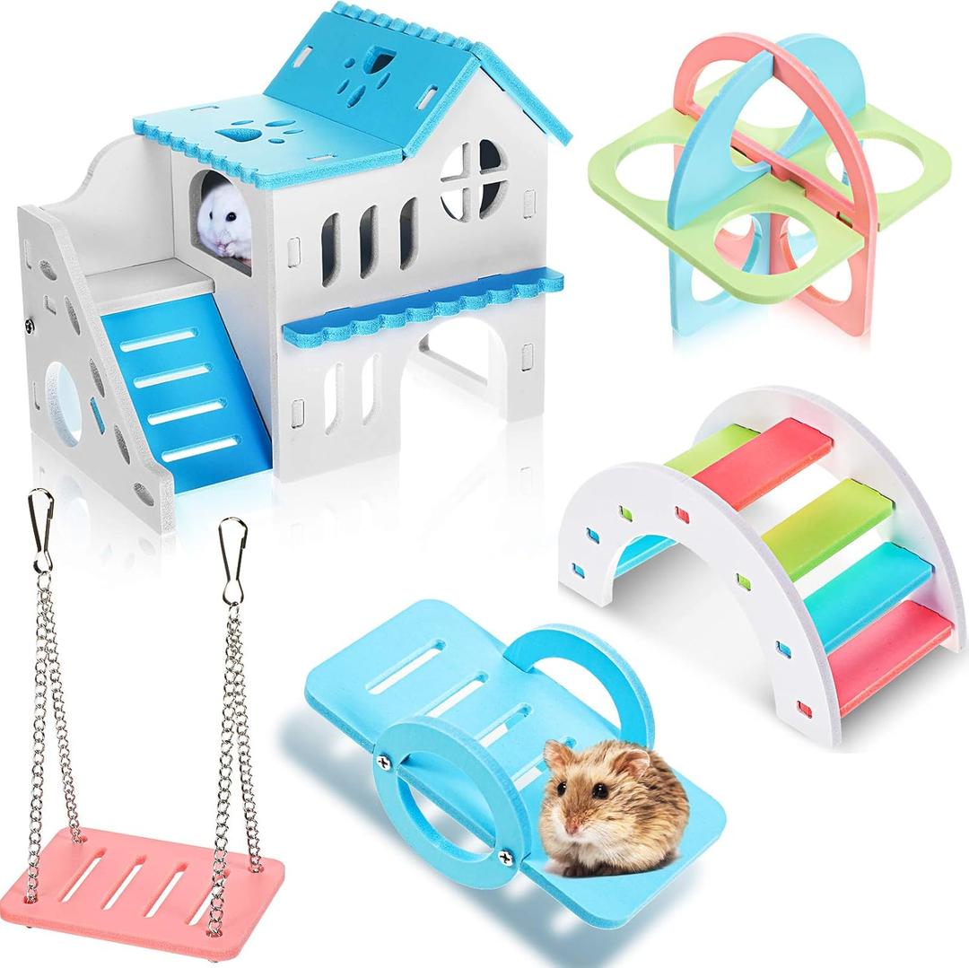 Skylety 5 Pcs Hamster Toys Include Wooden Accessories Hamster House Guinea Pig Hideout Rainbow Bridge Seesaw Swing Exercise Circle Cage Toy for Small Animals(6.3 x 3.93 x 5.5 Inch,Blue)