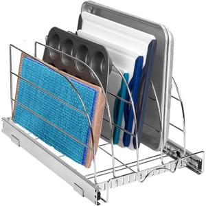 HOLDN STORAGE Pull Out Organizer for Bakeware, Cutting Board and Trays, Adjustable Dividers - Heavy Duty - For Narrow Cabinet Spaces, 12.5W x 21D x 11H, Chrome