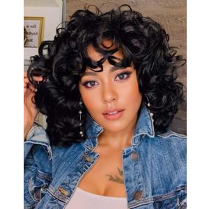 KEAT Curly Wigs for Black Women 14" Short Kinky Curly Black Wig with Bangs Cute Natural Synthtic Soft Wig K001BK