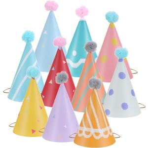 10 PCS Birthday Party Hats for Kids Adults, DIY Cone Hat with Pom Poms, Birthday Hats for Toddler Boys Girls, Paper Party Hat Fun Photo Props Baby Shower Celebration