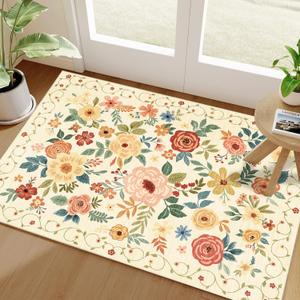 DUKINO 2x3 Rugs for Entryway, Floral Indoor Washable Door Mat, Non Slip Boho Small Rug for Kitchen, Soft Low Pile Front Door Throw Rug for Entrance, Bedroom, Kitchen, Laundry, Bathroom, Beige Yellow