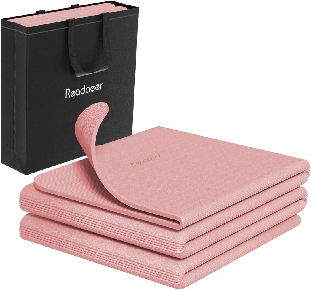Readaeer Foldable Yoga Mat for Travel Folding Yoga Mat 6mm Thick with Carrying Bag, Non-Slip TPE Exercise Pilates Mat for 72" L x 24" W x 0.24 Inch (Pink)