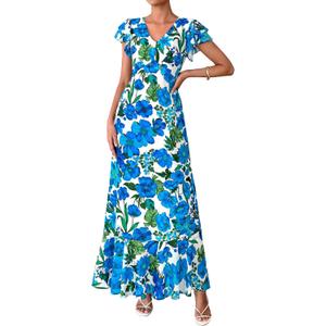 PRETTYGARDEN Floral Dress for Women 2026 Summer Boho Ruffle Flowy Cocktail Beach Spring Wedding Guest Maxi Long Dresses (Blue, S)