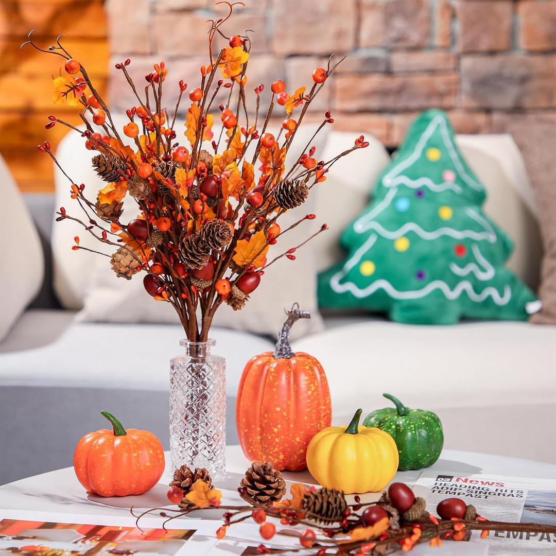 Yunlly Artificial Fall Berry Stems Fall Picks for Floral Arrangements Fake Fall Leaves with Pine Cones Maple Leaves Acorns Autumn Plant for Harvest Thanksgiving Festival Decor (6 Pcs)