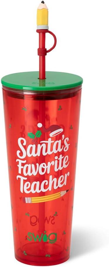 Swig Life 24Oz Plastic Tumbler, Cup Holder Friendly Travel Tumbler with Lid & Straw, BPA Free Plastic Cups, 24 oz Reusable Water Cup with Lid & Straw (Santa's Favorite Teacher)