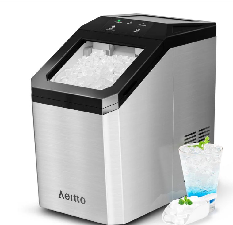 Aeitto Nugget Ice Maker Countertop, 55lbs/Day, Large Capacity Chewable Ice Maker, Rapid Ice Release in 5 Mins, Self-Cleaning with Stainless Steel Housing Ice Machine for Home Office and Party, Silver