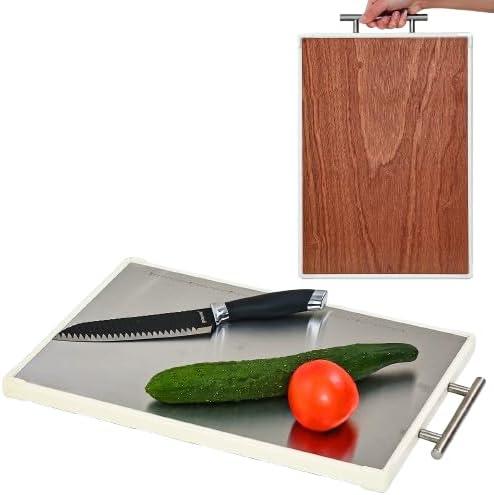 Rashid & Sid Stainless Steel cutting board, Wood & Stainless Steel double sided Cutting Board for kitchen, Non Toxic Kitchen Chopping Board with handle for Meat & Vegetables, Dishwasher Safe, 17 x 12
