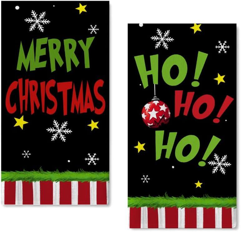 Seliem Christmas Kitchen Dish Towels Set of 2, Stink Stank Stunk Green Xmas Hand Towels Black Drying Baking Cooking Cloth, Red White Stripes HOHOHO Funny Holiday Home Kitchen Decor 18x26 Inch