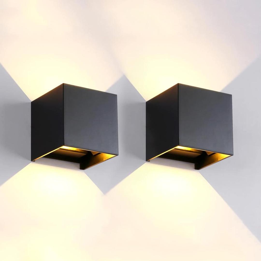 Mille Lucciole 2 Pack LED Outdoor Wall Lights Exterior/Interior, Up and Down Lights IP65 Waterproof Wall Sconces, Square Aluminum Outdoor Wall Lighting Fixtures, Modern Black 12W 3000K Warm Lights, 3.94in.2 Pack