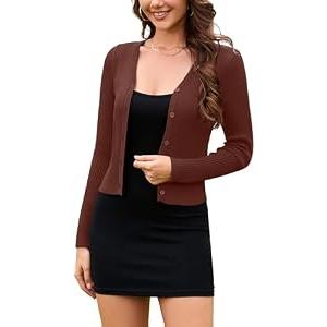 Iandroiy Cropped Cardigan Bolero Shrug for Women Button Down Long Sleeve Knit Sweater for Dresses (X-Large, Coffee)