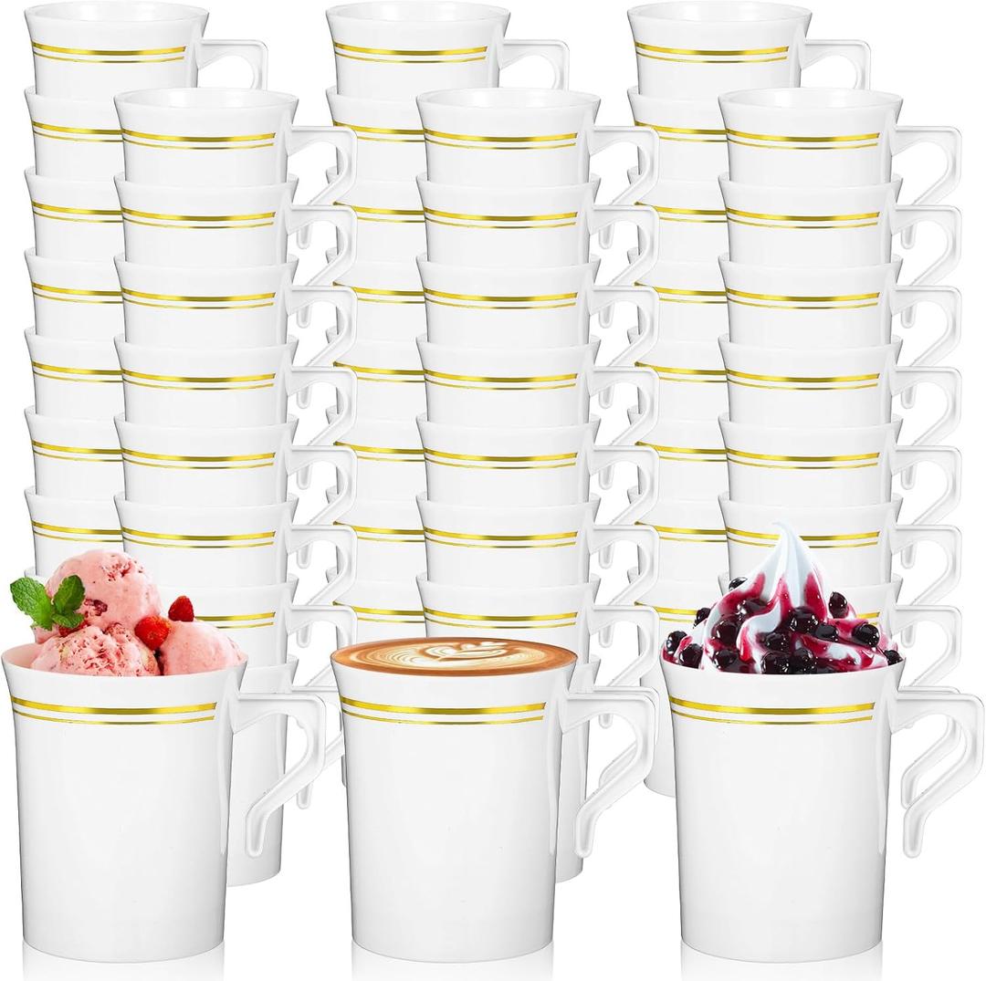24 Pcs Plastic Coffee Cups with Rim, 8 oz Heavyweight Gold Rimmed Tea Cups, Plastic Hot Cold Beverage Drinkware for Weddings Cafe Bridal Shower Engagement Party Camping Travel, White