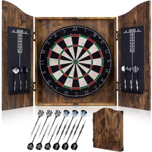 Sisal Dart Board Cabinet Sets, Decorative Dart Boards for Adults [12*Steel Darts] - Wooden Dartboard Cabinet with Integrated Scoreboard for Family Game Rooms