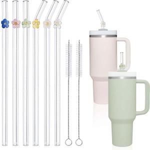 6-Pack Long Glass Straws for Stanley 40 oz 30 oz Tumbler, Cute Flower Glass Straws with Charms, Reusable Straws with Cleaning Brush, Stanley Straw Replacement