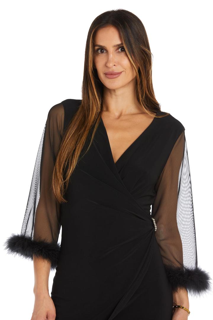 R&M Richards Women's Elegant Feather Trim Wrap Mini Dress W/Illusion Long Sleeves, Ruched Waist & Rhinestone Brooch Black, Size 4P