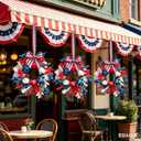 2 x 6 Pcs Small 4th of July Hanging Wreaths for Cabinets with Red White Blue Tulips Blooms Artificial Mini Independence Day Mini Candle Ring Wreath for Memorial Day Front Door Window Porch Wall Decor