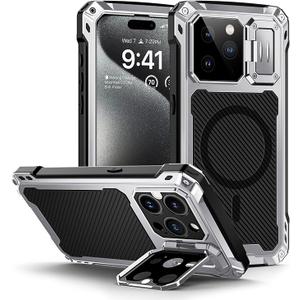 Lanhiem for iPhone 15 Pro Max Metal Case, [Built-in Camera Kickstand & Glass Screen Protector] Protective Heavy Duty Full Body Military Rugged Shockproof Magnetic Cover (Silver)
