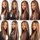BilltiiWW P427 Straight Bundles Human Hair Highlight Straight Bundles Brown and Blonde Double Weft Brazilian Human Hair Extensions Soft and Silky for Black Women 22 24 26 Inch