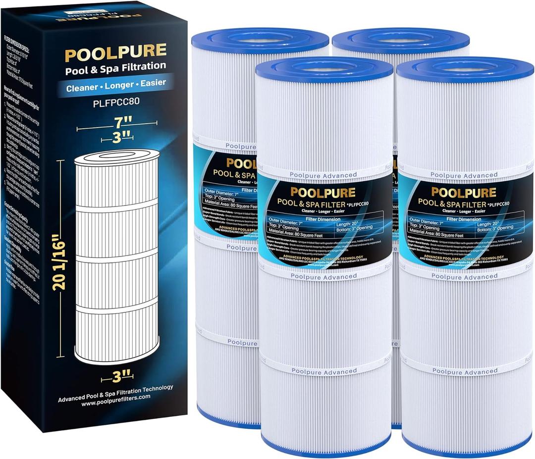 POOLPURE PLFPCC80 Pool Filter Replaces Pentair CCP320, Pleatco PCC80-PAK4, Ultral-A5, Unicel C-7470, R173573, Filbur FC-1976, 178580, 817-0081, Clean and Clear Plus 320, L x OD:20"x 7", 4X80 sq.ft.