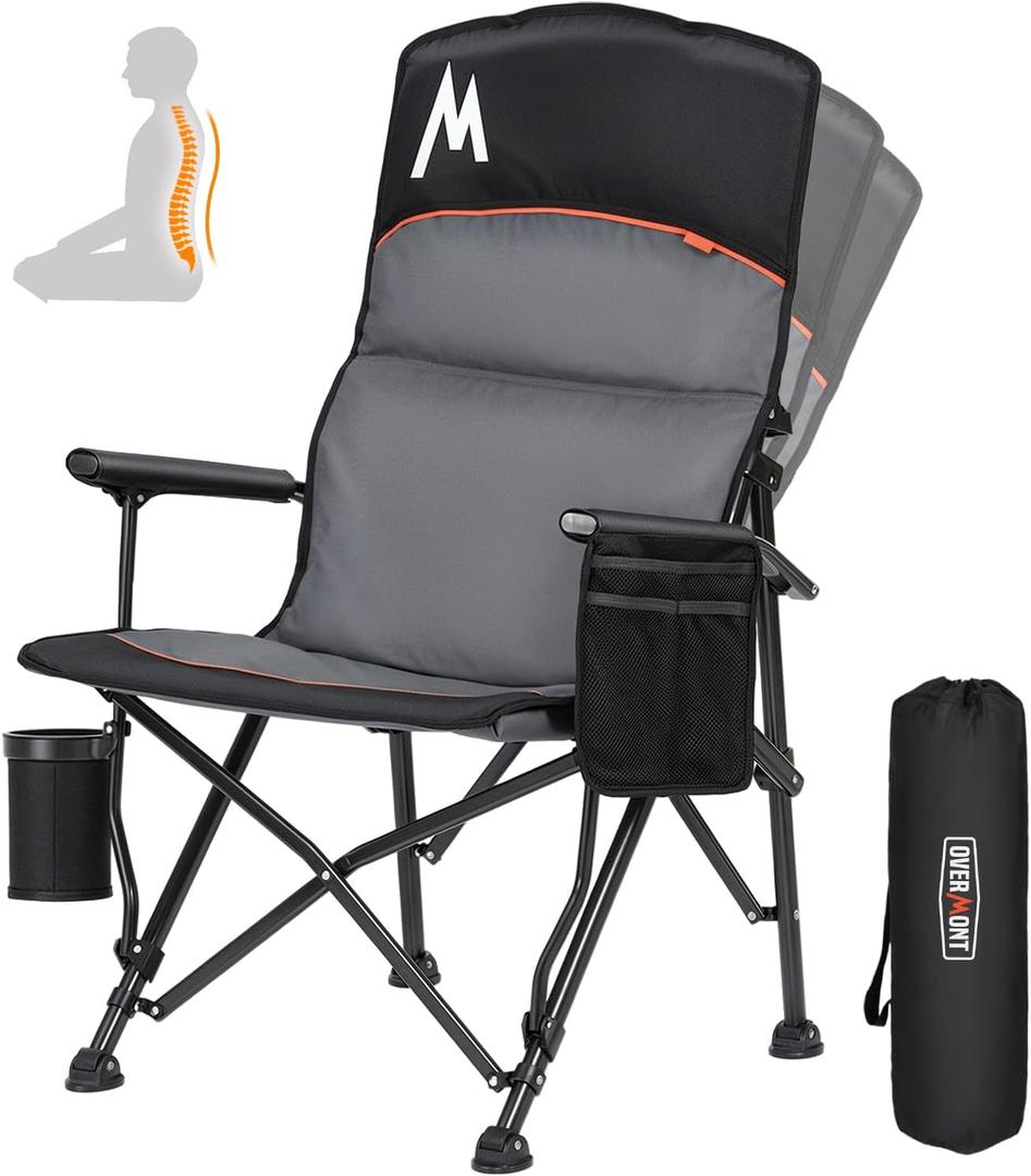Overmont Camping Chair with Lumbar Support for Adults - Oversized with High Back Supports 450 LBS - Heavy Duty Folding Chair Portable for Outdoor Lawn Patio Balcony with Patent No.: US D1.028.543 S