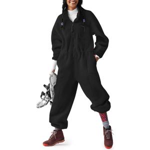 Yousify Womens Fleece Jumpsuits Onesie Winter Warm Overalls Casual Loose Ladies Ski Suit Outfits with Pockets (Medium, Black)