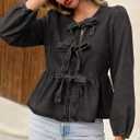 Tankaneo Womens Puff Long Sleeve Denim Tie Front Babydoll Peplum Blouse (Black, S)