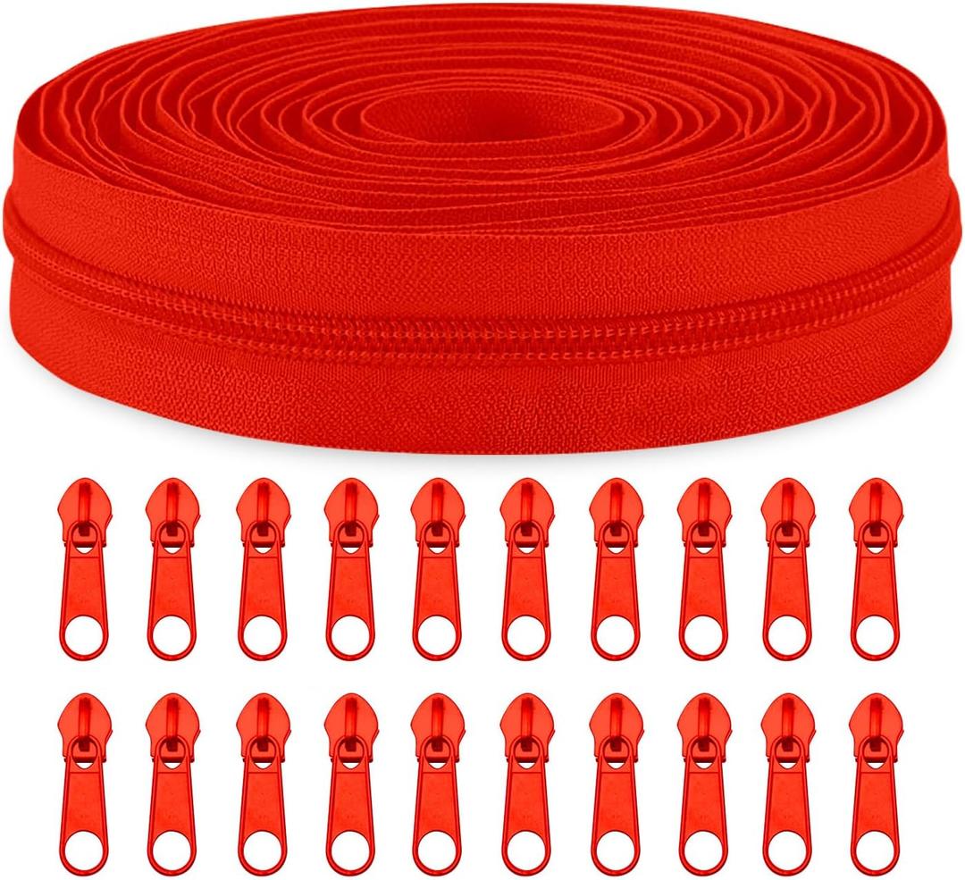 Sawoake #3 Nylon Coil Zippers by The Yard Bulk 10 Yards with 20pcs Zipper Sliders for DIY Sewing Tailor Craft Bag Garment Home Textile(Red)
