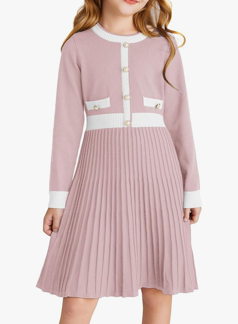 GRACE KARIN Girls Sweater Fall Dress Long Sleeve Knit A Line Contrast Casual Winter Dresses 8Y