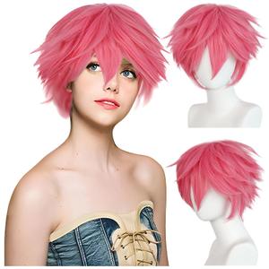 Pink Anime Wig Short Layered Pink Cosplay Wig Unisex Heat Resistant Synthetic Hair for Halloween Party Costume