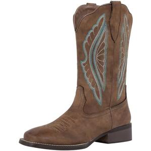 J's.o.l.e Women's Cowboy Boots Square Toe Wide Calf Cowgirl Boots Western Work Boots Embroidered 38