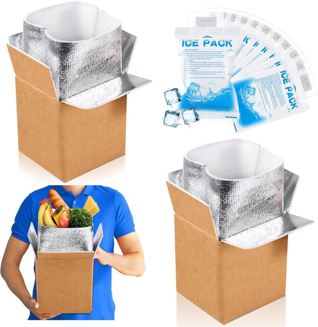 Honoson 2 Pcs Thermal Insulated Shipping Boxes for Frozen Food with Ice Pack and Aluminum Foil Liner for Shipping Big Cold Pack Cooler Mailing Boxes for Moving Hot Frozen Food (6'' X 5'' X 6.5'')