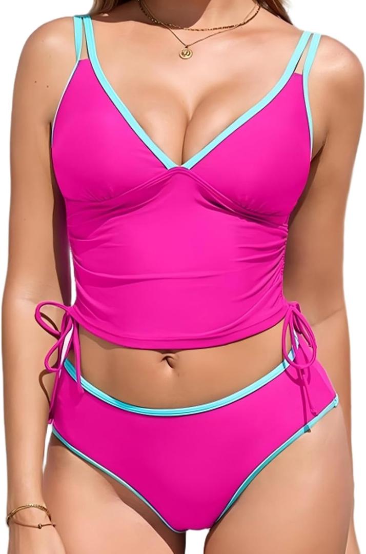RIHOAS Women's Tankini Swimsuits Tummy Control Two Piece Bathing Suits Drawstring V Neck Top with High Waisted Bottom, Size: Large