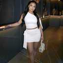 Two Piece Skirt Set for Women - Sexy 2 Pc Outfits Sleeveless One Off Shoulder Crop Top Bodycon Mini Skirts Skort Sets (White, XL)