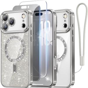 Meifigno for iPhone 17 Pro Max Case 6.9", [Glitter Card & Wrist Strap] [Compatible with MagSafe] [1HD+1X Privacy Screen Protectors] Surround Raised Lens Protection 17 ProMax Case, Titanium Silver