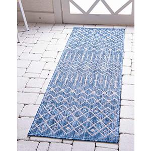 Unique Loom Outdoor Trellis Collection Area Rug - Tribal Trellis (2' x 6' 1" Runner, Blue/ Ivory)