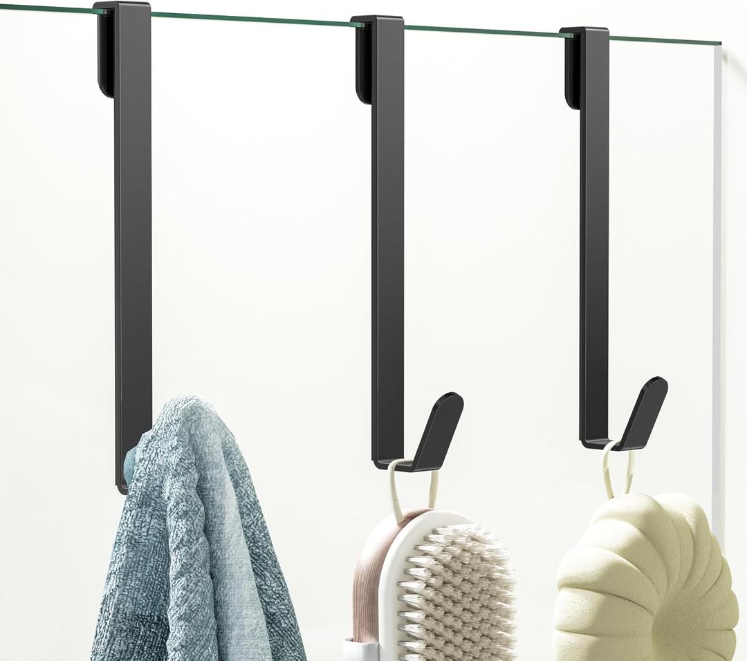 3 Pack Shower Door Hooks, Over Glass Door Hook in Bathroom Frameless Glass Door, Shower Hooks for Hanging Robe Towel Loofahs, Black.