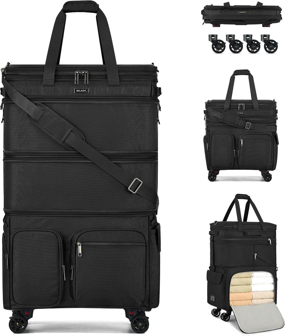 MILADA Expandable Collapsible Luggage, Large Duffle Bag for Travel, Black, One Size