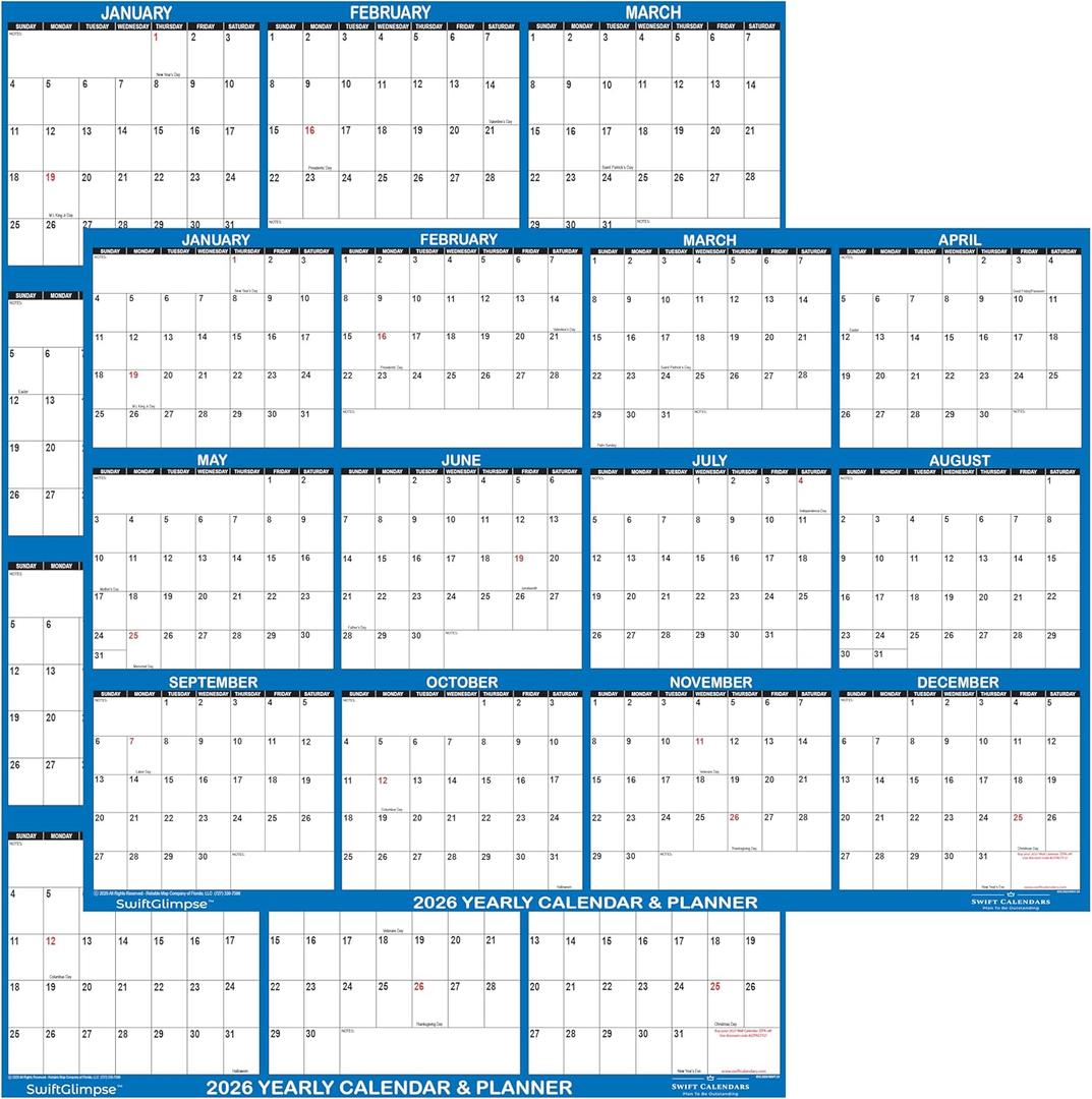 2k 2" x 48" SwiftGlimpse 2026 Wall Calendar Erasable Large XL Wet & Dry Erase Laminated 12 Month Annual Yearly Wall Planner, Reversible, Navy