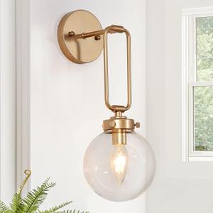 classy leaves Wall Sconces, God Globe Sconces Wall Lighting, 1-Light Gold Vanity Light with Clear Glass Shade for Hallway & Kitchen, 5 L x 10 W x 14.5 H