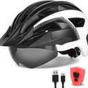 Adult Bike Helmet with Visor and Goggles for Men Women Mountain Road Bicycle Helmet Rechargeable Rear Light Cycling Helmet (L: 57-61 cm (22.4-24 inches), Black White)