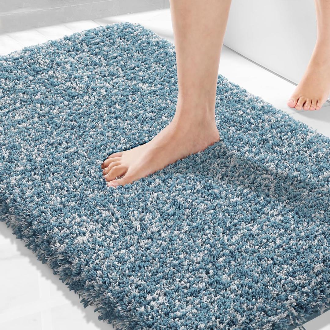 Yimobra Bathroom Rugs Non Slip Washable 36X24, Ultra Soft and Water Absorbent Bath Mats, Plush Fluffy Shower Mat Outside, Luxury Microfiber Thick Matts for Bathroom Floor/Tub, Denim Blue and White