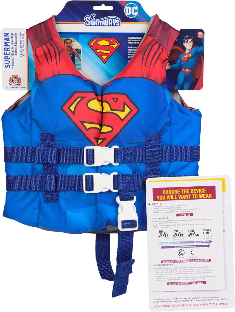 SwimWays DC Swim Trainer Life Jacket, US Coast Guard Approved Life Vest Kids Swim Vest, Pool Floats & Life Jackets for Kids 33-55 lbs, Superman