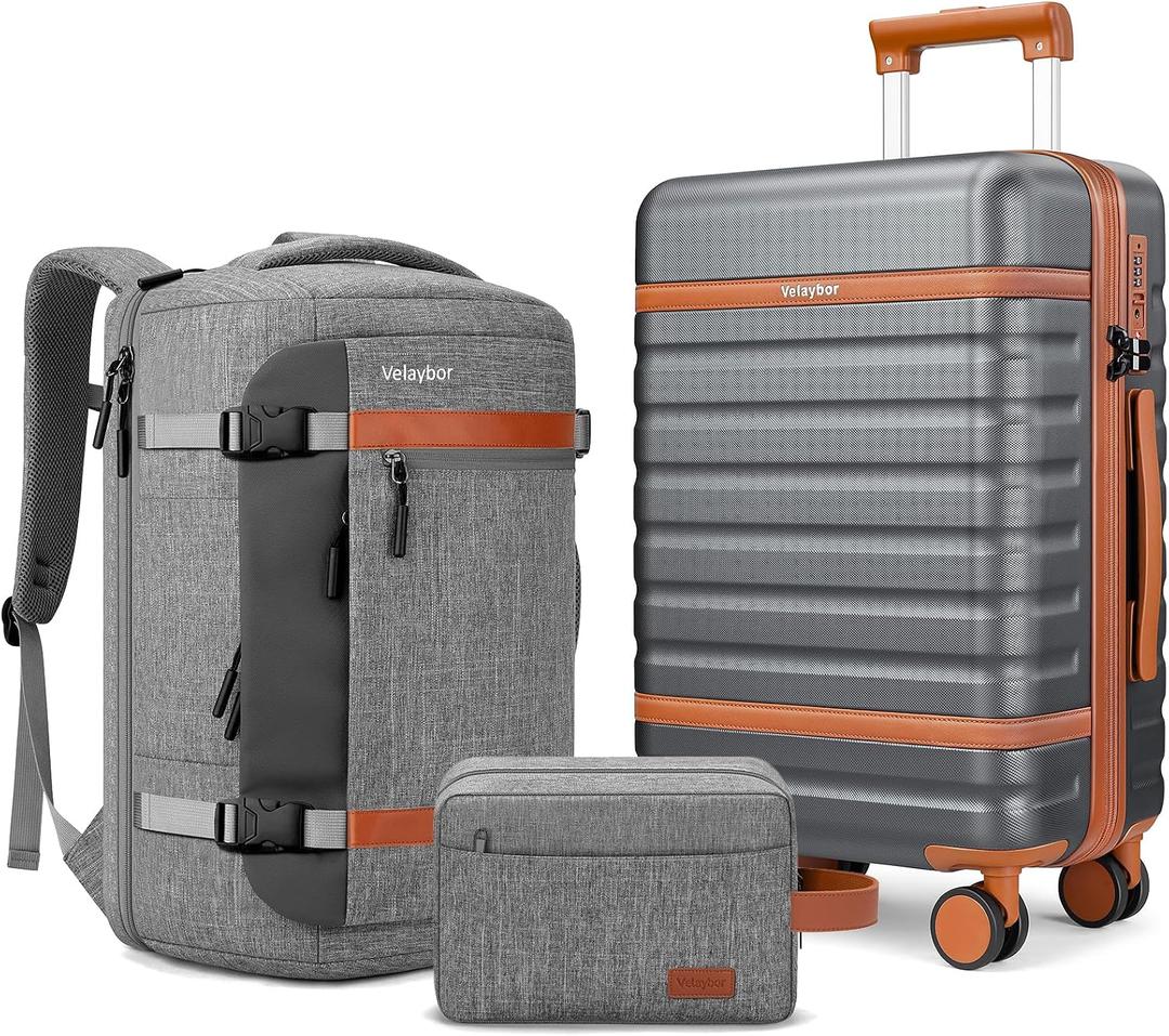 Luggage Sets 3 Piece with Spinner Wheels, Lightweight PC Hardside Suitcase with TSA Lock & YKK Zippers, 20 Inch Carry On Luggage with Travel Bag for Men and Women, Grey