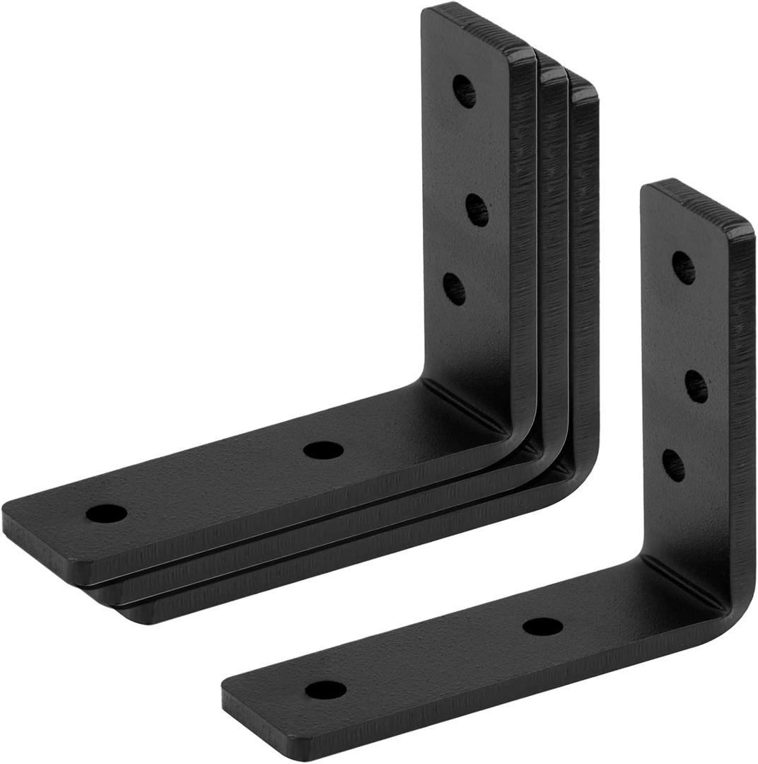 4 PCS 5" Heavy Duty Steel Corner Brace Black Brackets, L 90 Degree Countertop Support Fireplace Mantel Brackets, Thickness 5/16", Max Load 400 lbs