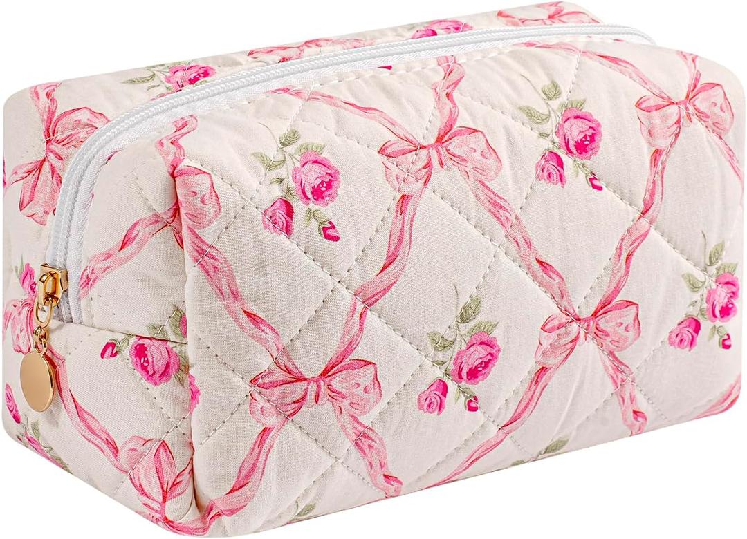 Travel Makeup Bag, Cosmetic Bag for Women Girls, Floral Flowers Toiletry Organizer, Portable Storage Bag, Pink Bowknot/Gold Zipper