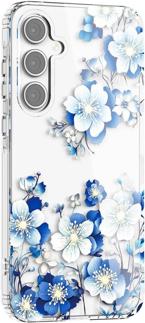 S24 Case Flower Clear,Stylish & Durability Floral Pattern Cover,TPU Bumper Shockproof+PC Back Protective,Cute,Slim & Lightweight for Samsung Galaxy S24 Case (Blue)