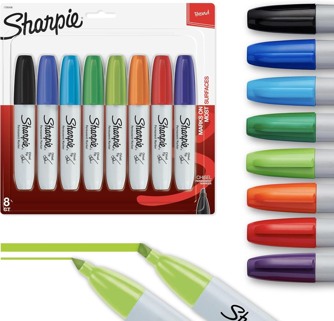 Sharpie Permanent Chisel Tip Marker Set, Poster Markers for Wood, Plastic, and More, 8 Count